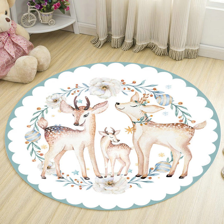 Lisslune | Kids Deer Pattern Carpet with Flowers White and Blue Polyester Carpet Non-Slip Backing Washable Pet-Friendly Carpet for the Bedroom