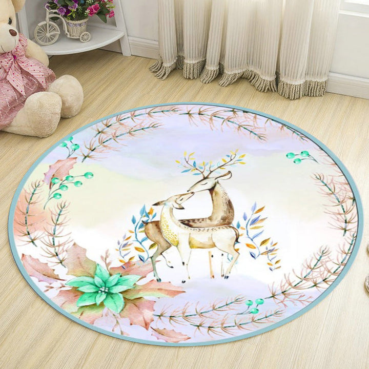 Lisslune | Kids Deer Pattern Carpet with Flowers White and Blue Polyester Carpet Non-Slip Backing Washable Pet-Friendly Carpet for the Bedroom