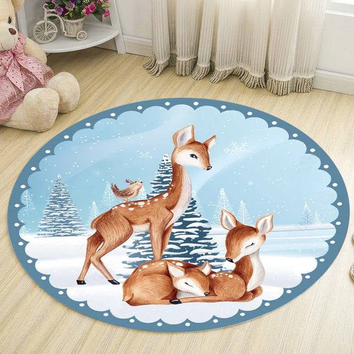 Lisslune | Kids Deer Pattern Carpet with Flowers White and Blue Polyester Carpet Non-Slip Backing Washable Pet-Friendly Carpet for the Bedroom