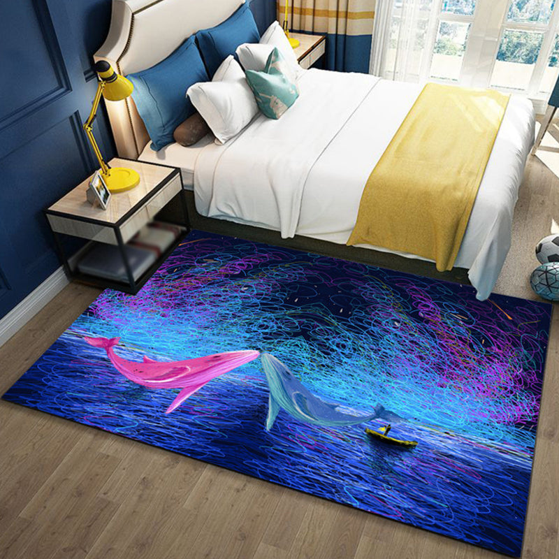 Lisslune | Children's Ocean Pattern Rug with Fish Blue Polyester Rug Non-Slip Back Washable Pet-Friendly Rug for the Bedroom