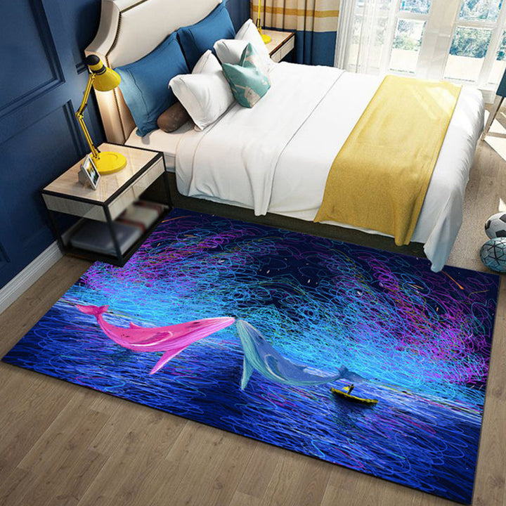 Lisslune | Children's Ocean Pattern Rug with Fish Blue Polyester Rug Non-Slip Back Washable Pet-Friendly Rug for the Bedroom