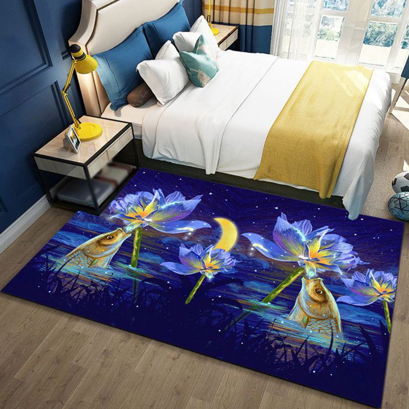 Lisslune | Children's Ocean Pattern Rug with Fish Blue Polyester Rug Non-Slip Back Washable Pet-Friendly Rug for the Bedroom