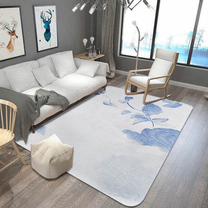 Lisslune | Stylish Leaf Pattern Carpet Blue and Gray Oriental Carpet Polyester Machine Washable Non-Slip Carpet for Living Room