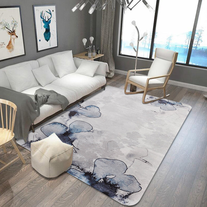 Lisslune | Stylish Leaf Pattern Carpet Blue and Gray Oriental Carpet Polyester Machine Washable Non-Slip Carpet for Living Room