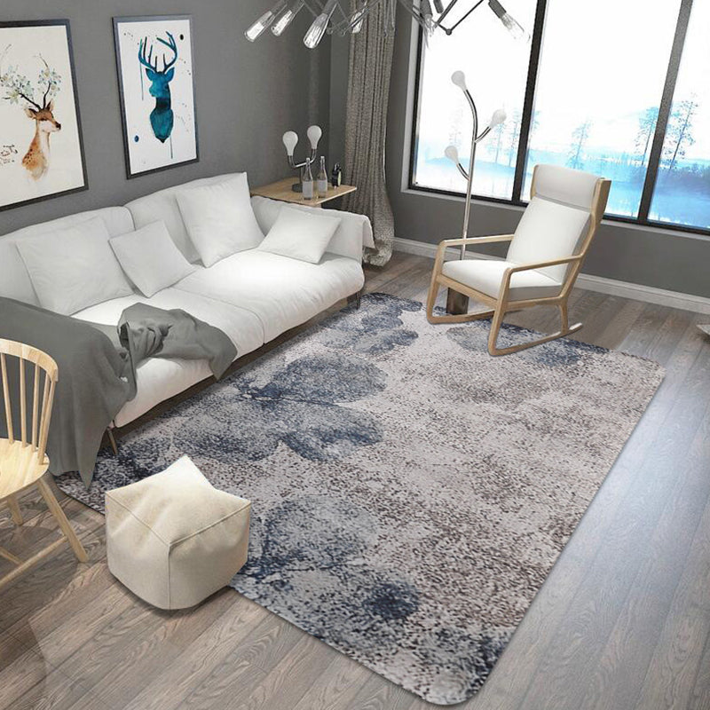 Lisslune | Stylish Leaf Pattern Carpet Blue and Gray Oriental Carpet Polyester Machine Washable Non-Slip Carpet for Living Room