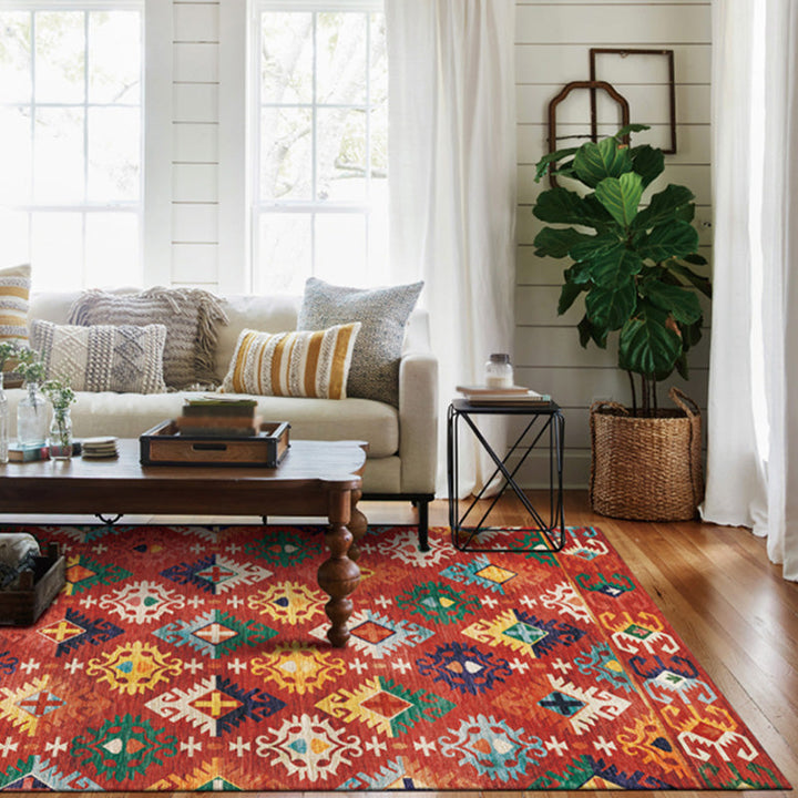 Lisslune | Stylish geometric pattern rug with flowers white and red Moroccan rug polyester pet-friendly non-slip back washable area rug for living room