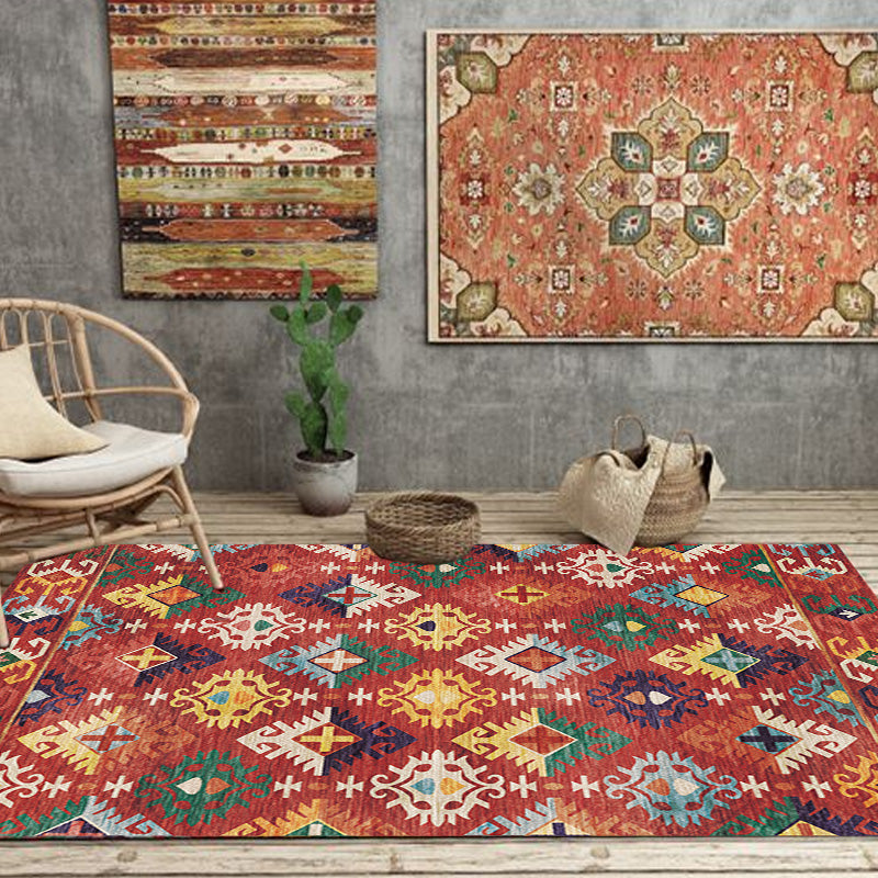 Lisslune | Stylish geometric pattern rug with flowers white and red Moroccan rug polyester pet-friendly non-slip back washable area rug for living room
