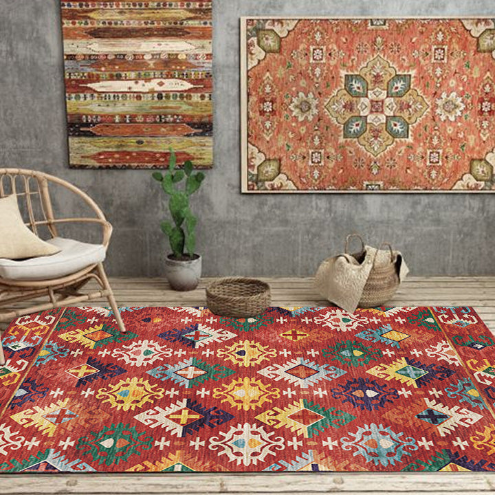 Lisslune | Stylish geometric pattern rug with flowers white and red Moroccan rug polyester pet-friendly non-slip back washable area rug for living room