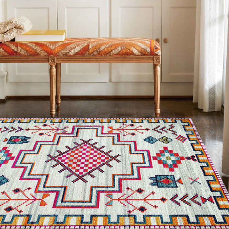 Lisslune | Stylish geometric pattern rug with flowers white and red Moroccan rug polyester pet-friendly non-slip back washable area rug for living room