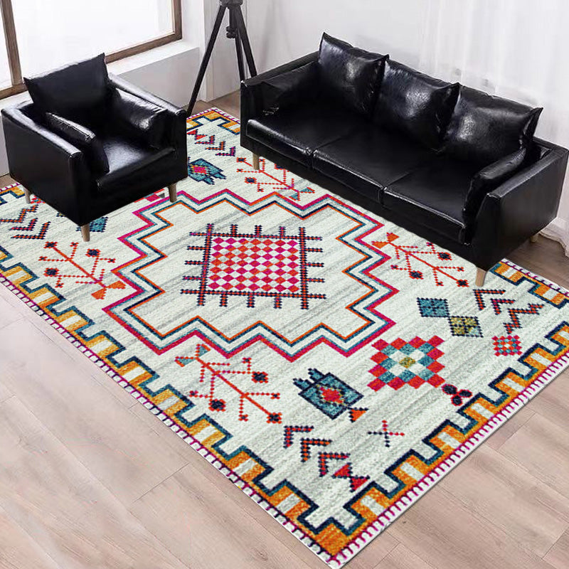 Lisslune | Stylish geometric pattern rug with flowers white and red Moroccan rug polyester pet-friendly non-slip back washable area rug for living room