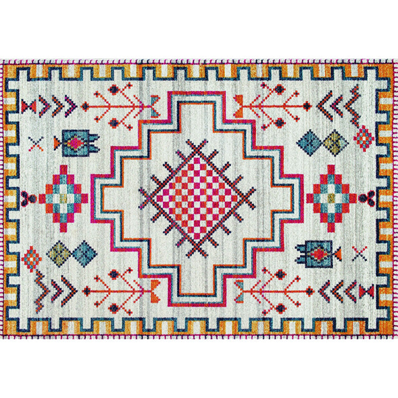 Lisslune | Stylish geometric pattern rug with flowers white and red Moroccan rug polyester pet-friendly non-slip back washable area rug for living room