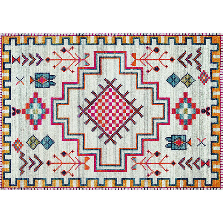 Lisslune | Stylish geometric pattern rug with flowers white and red Moroccan rug polyester pet-friendly non-slip back washable area rug for living room