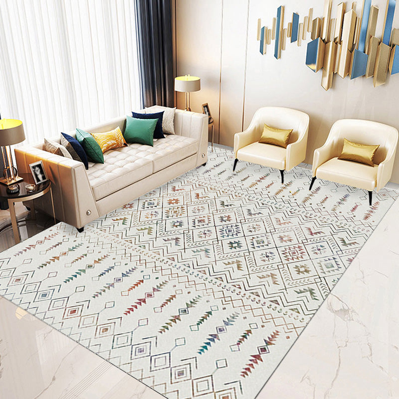 Lisslune | Stylish geometric pattern rug with flowers white and red Moroccan rug polyester pet-friendly non-slip back washable area rug for living room
