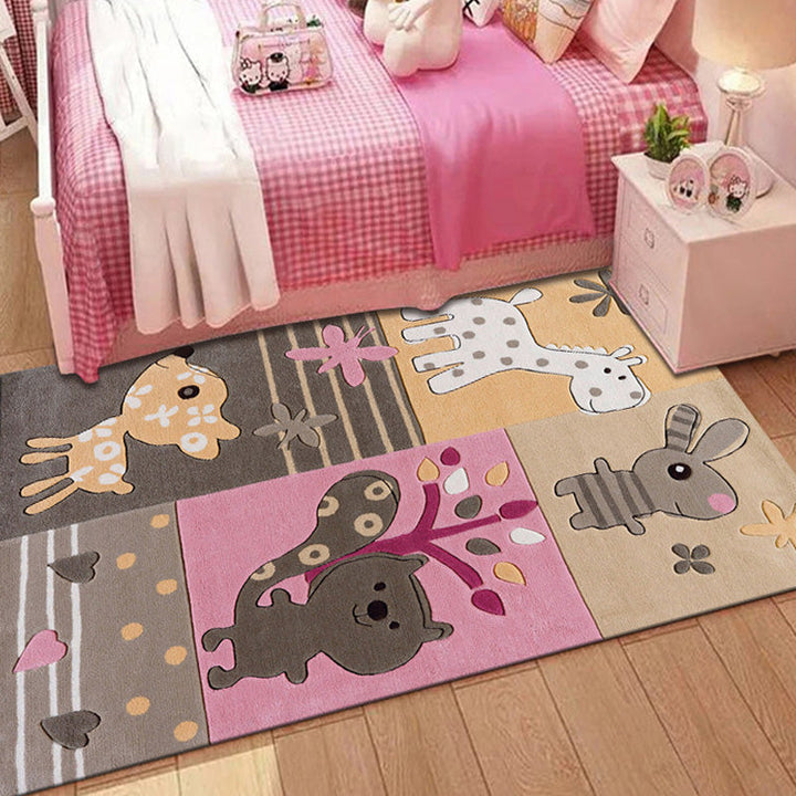 Lisslune | Stylish Multicolor Children's Mat Polyester Animal and Stripe Pattern Mat Washable Pet Friendly Nonslip Carpet for Children's Room