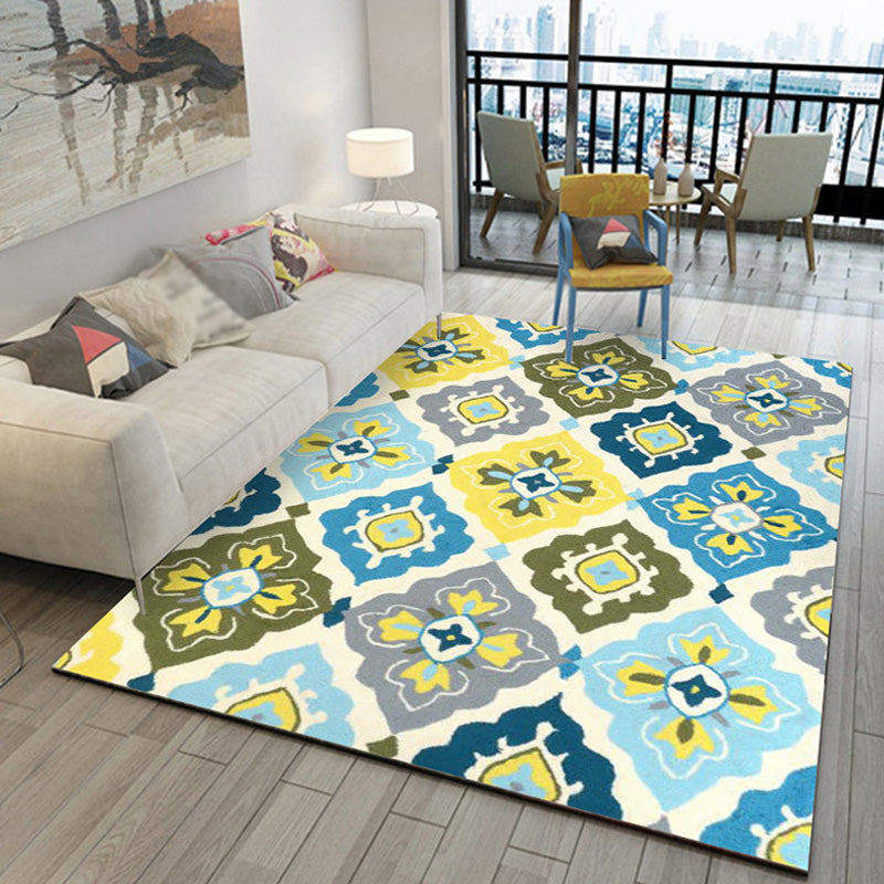 Lisslune | Retro Azulejo Pattern Rug Multicolor Polyester Rug Washable Pet Friendly Non-Slip Rug for the Living Room