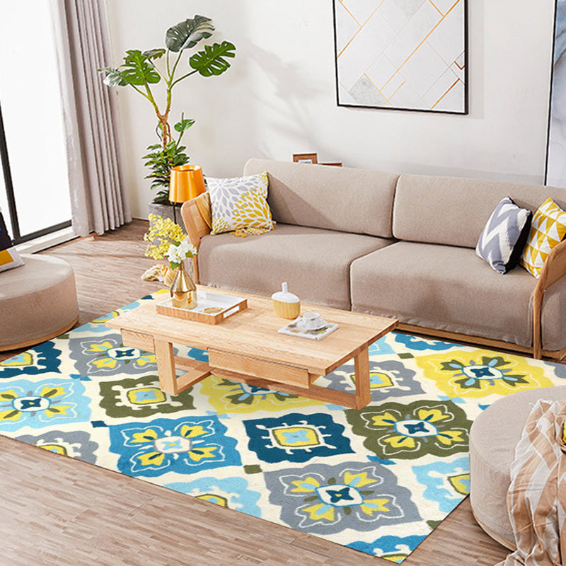 Lisslune | Retro Azulejo Pattern Rug Multicolor Polyester Rug Washable Pet Friendly Non-Slip Rug for the Living Room