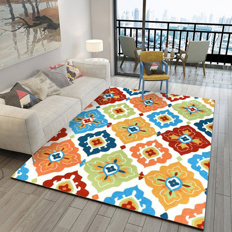 Lisslune | Retro Azulejo Pattern Rug Multicolor Polyester Rug Washable Pet Friendly Non-Slip Rug for the Living Room