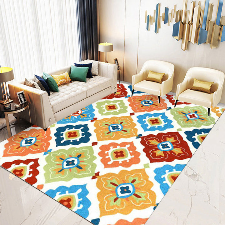 Lisslune | Retro Azulejo Pattern Rug Multicolor Polyester Rug Washable Pet Friendly Non-Slip Rug for the Living Room