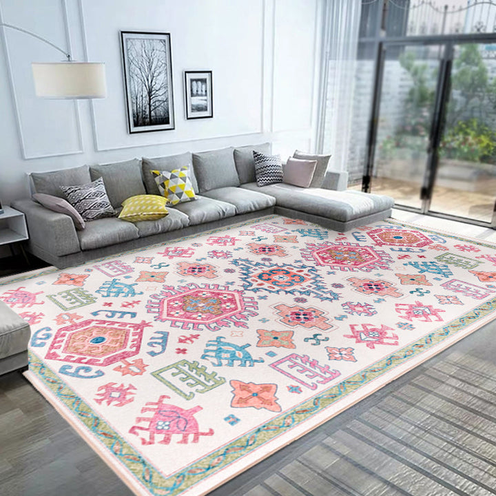 Lisslune | White and pink Bohemian rug Polyester floral pattern pet-friendly washable non-slip backing rug for decoration