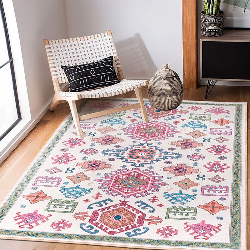 Lisslune | White and pink Bohemian rug Polyester floral pattern pet-friendly washable non-slip backing rug for decoration