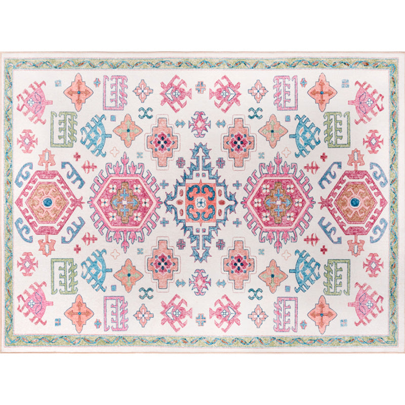 Lisslune | White and pink Bohemian rug Polyester floral pattern pet-friendly washable non-slip backing rug for decoration