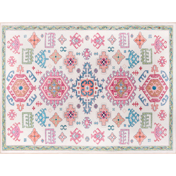 Lisslune | White and pink Bohemian rug Polyester floral pattern pet-friendly washable non-slip backing rug for decoration