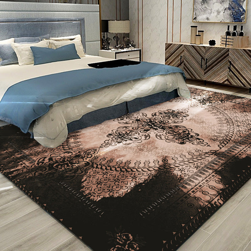 Lisslune | Moroccan Azulejo Pattern Carpet Black Multicolor Polyester Carpet Washable Pet Friendly Non-Slip Carpet for Living Room