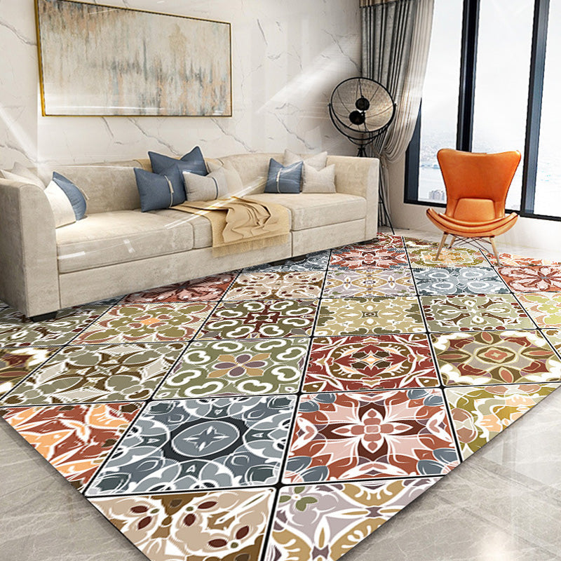 Lisslune | Moroccan Azulejo Pattern Carpet Black Multicolor Polyester Carpet Washable Pet Friendly Non-Slip Carpet for Living Room