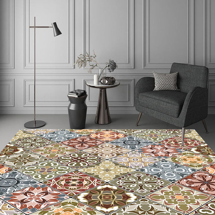 Lisslune | Moroccan Azulejo Pattern Carpet Black Multicolor Polyester Carpet Washable Pet Friendly Non-Slip Carpet for Living Room