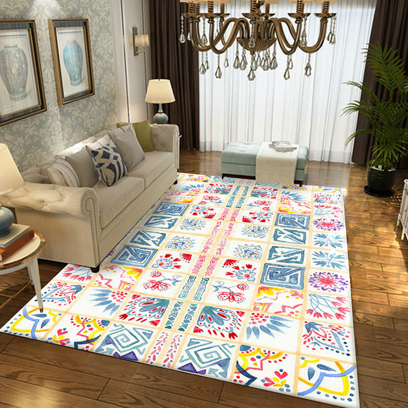 Lisslune | Moroccan Azulejo Pattern Carpet Multicolor Polyester Carpet Washable Pet Friendly Non-Slip Area Rug for Living Room