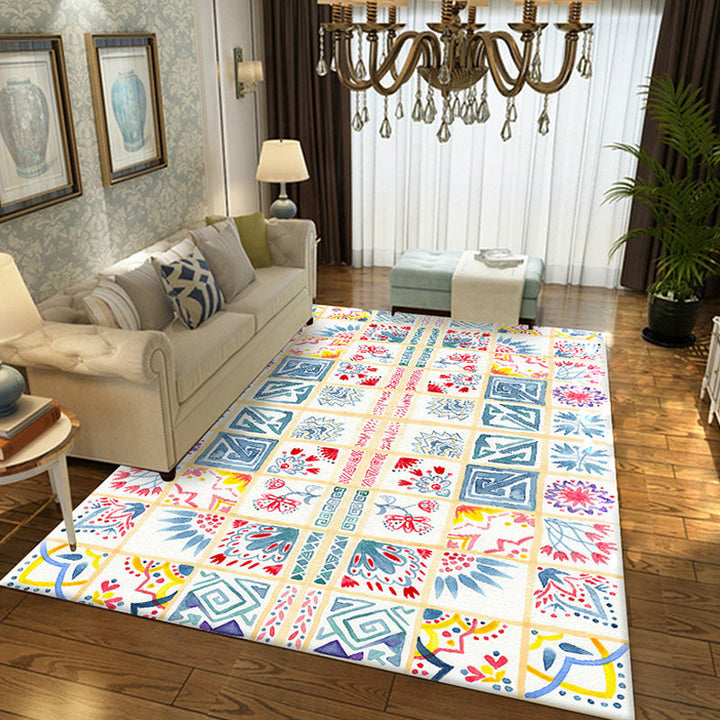 Lisslune | Moroccan Azulejo Pattern Carpet Multicolor Polyester Carpet Washable Pet Friendly Non-Slip Area Rug for Living Room