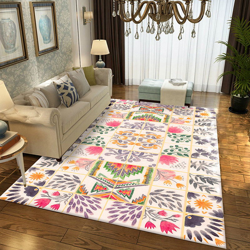 Lisslune | Moroccan Azulejo Pattern Carpet Multicolor Polyester Carpet Washable Pet Friendly Non-Slip Area Rug for Living Room