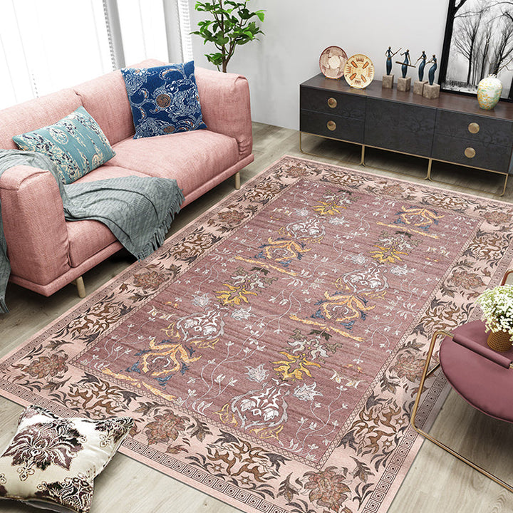 Lisslune | Pink Shabby Chic Carpet Polyester Tribal Floral Pattern Carpet Pet-Friendly Washable Non-Slip Back Carpet for Decoration