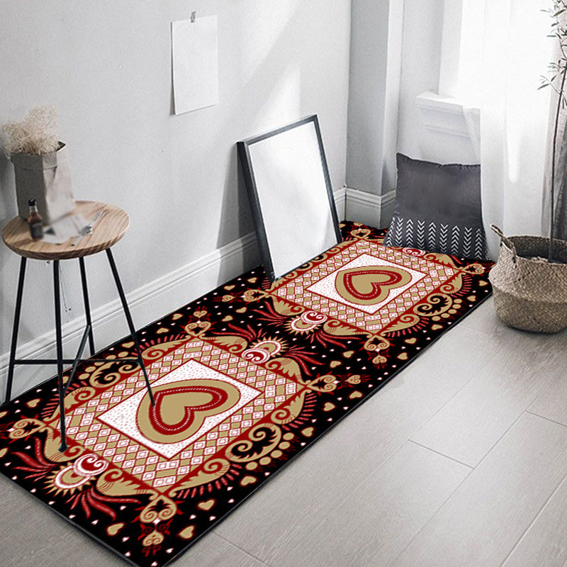 Lisslune | Unique Heart Pattern Rug Black and Green Moroccan Rug Polyester Pet-Friendly Non-Slip Back Washable Rug for the Living Room