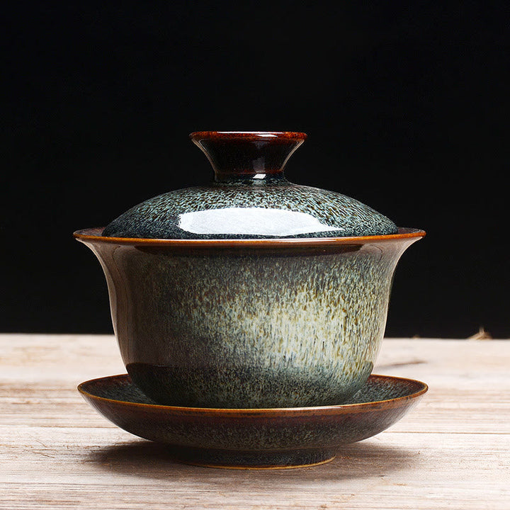 Lisslune | Vintage Kiln Ceramic Gaiwan Sancai Tea Cup Tea Cup and Saucer with Lid