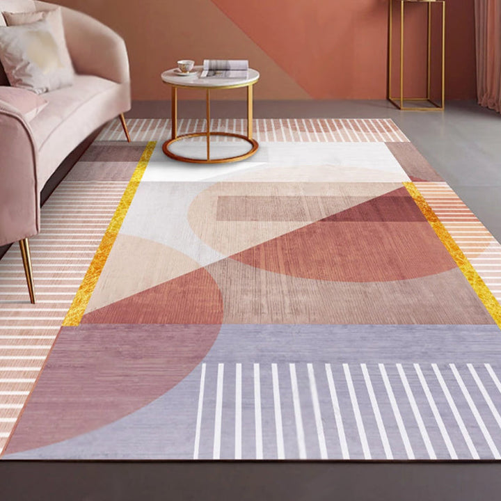 Lisslune | Modernist Geometric Pattern Rug with Strips Multicolor Polyester Rug Non-Slip Back Washable Pet Friendly Carpet for Home