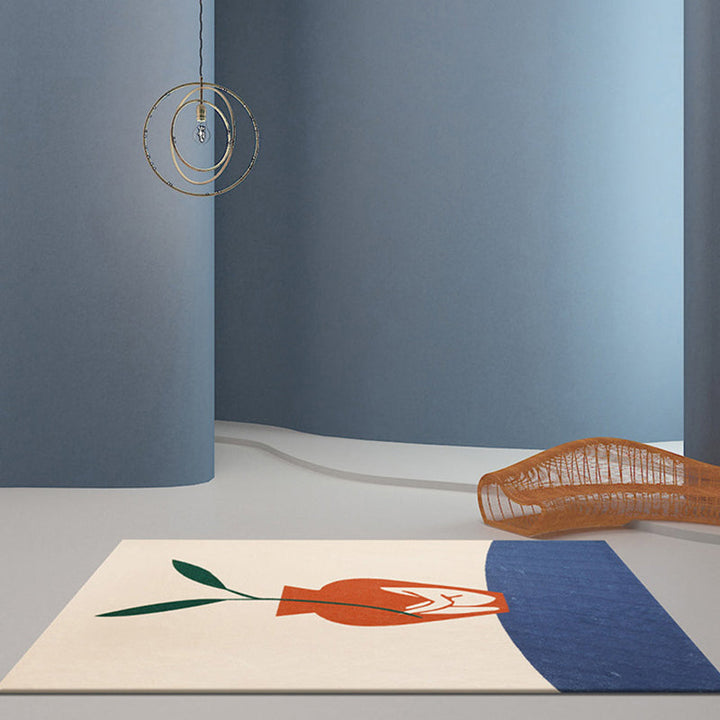 Lisslune | Modernist Vase Pattern Rug Blue and Orange Polyester Rug Non-Slip Back Washable Pet-Friendly Rug for Home