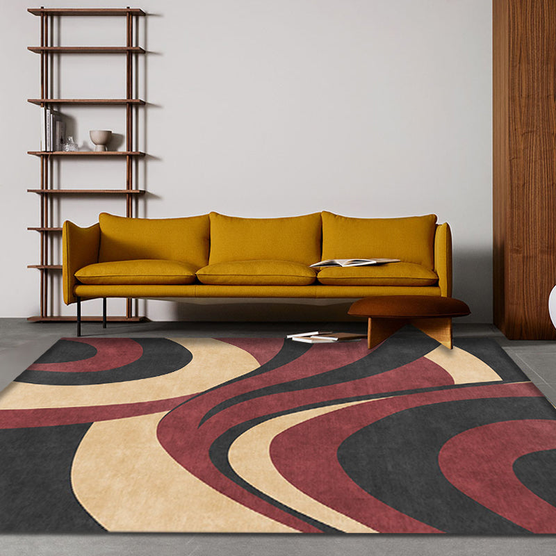 Lisslune | Stylish Modernism Carpet Gray and Red Swirl Striped Pattern Carpet Animal-Friendly Non-Slip Washable Area Carpet for Decoration