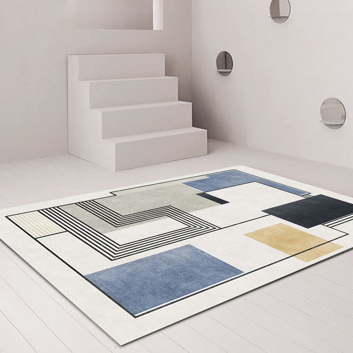 Lisslune | Novelty Geometric Pattern Rug with Stripes Blue Polyester Rug Non-Slip Back Washable Pet-Friendly Rug for Home