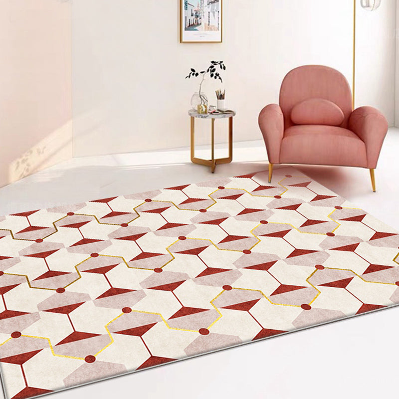 Lisslune | Novelty Geometric Pattern Rug Red Polyester Rug Non-Slip Back Washable Pet-Friendly Rug for Home