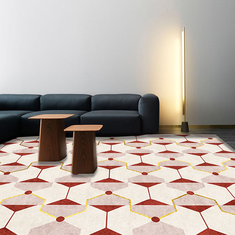 Lisslune | Novelty Geometric Pattern Rug Red Polyester Rug Non-Slip Back Washable Pet-Friendly Rug for Home