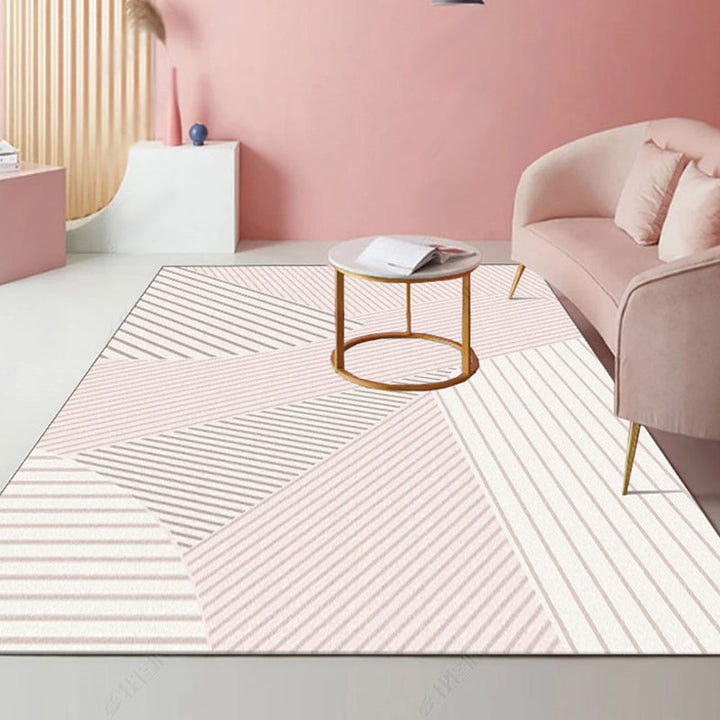 Lisslune | Modernist striped pattern carpet light gray and pink polyester rug non-slip back washable pet-friendly rug for home