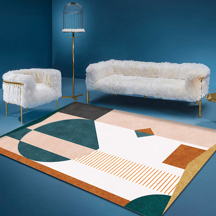 Lisslune | Casual Multicolor Modernist Carpet Polyester Color Block Stripe Pattern Carpet Washable Pet Friendly Non-Slip Carpet for Living Room