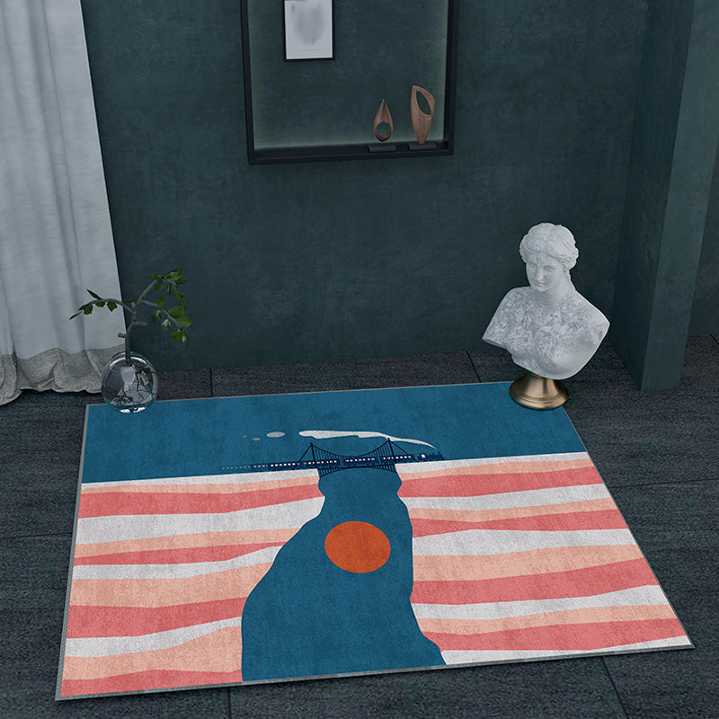 Lisslune | Navy Blue Multi-Pattern Rug Polyester Oriental Rug Washable Non-Slip Pet-Friendly Area Rug for the Living Room