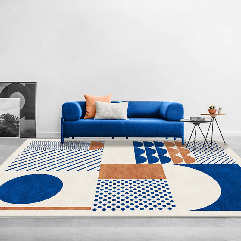 Lisslune | Stylish Blue Nordic Carpet Polyester Geometric and Striped Pattern Washable Carpet Pet-Friendly Non-Slip Rug for the Living Room