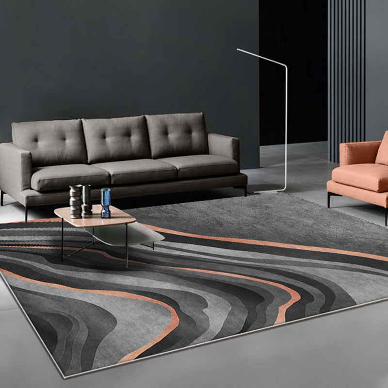 Lisslune | Creative Black Modernist Carpet Polyester Swirl Striped Pattern Rug Washable Pet-Friendly Non-Slip Area Rug for Living Room