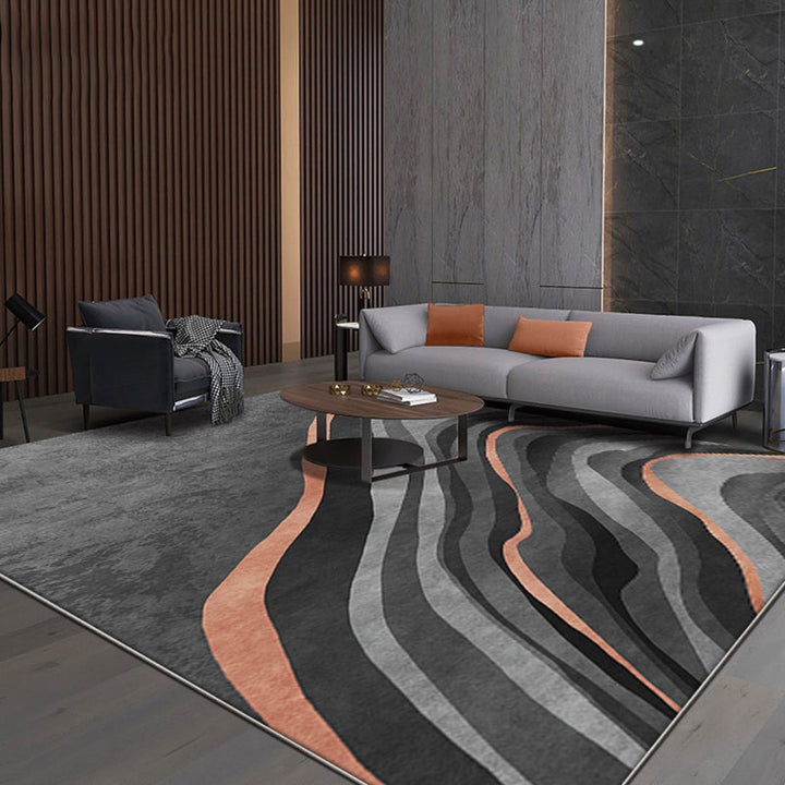 Lisslune | Creative Black Modernist Carpet Polyester Swirl Striped Pattern Rug Washable Pet-Friendly Non-Slip Area Rug for Living Room