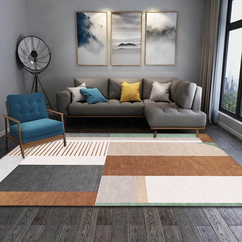 Lisslune | Brown geometric patterned rug with stripes, modern rug, washable, non-slip, pet-friendly rug for the living room