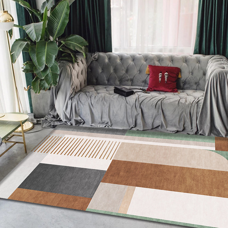 Lisslune | Brown geometric patterned rug with stripes, modern rug, washable, non-slip, pet-friendly rug for the living room