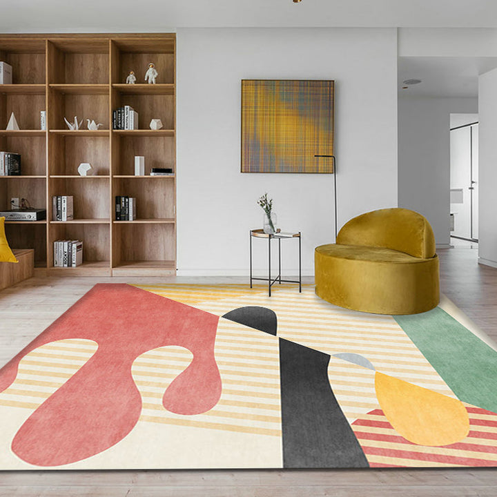 Lisslune | Multicolor Colorblock Striped Pattern Carpet Polyester Modern Carpet Washable Non-Slip Pet-Friendly Area Rug for Living Room